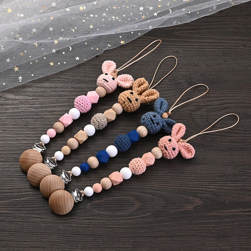 Wooden Pacifier Clip Rabbit Teething Chain BPA Free
