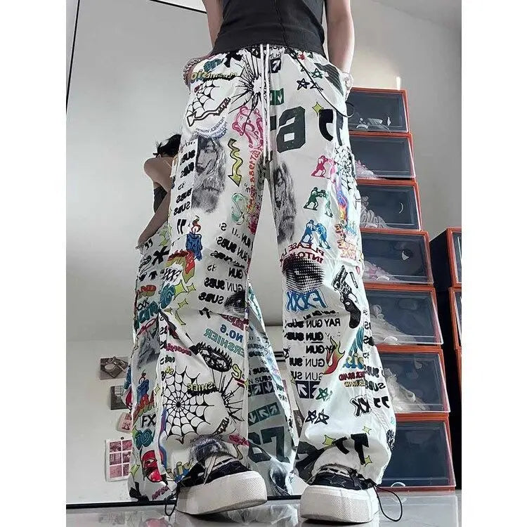 Women's Retro Graffiti Wide Leg Pants Loose Breathable Streetwear