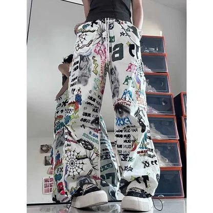Women's Retro Graffiti Wide Leg Pants Loose Breathable Streetwear