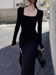 Black Side Slit Bodycon Dress Long Sleeve Outfit