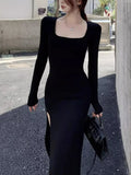 Black Side Slit Bodycon Dress Long Sleeve Outfit