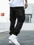 Men Cargo Pant Solid Mid Waist Elastic Tooling Trousers