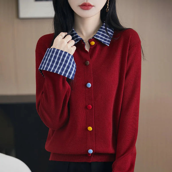 Womens Mock Layered Cardigan Collared Knit Sweater Fall Jacket