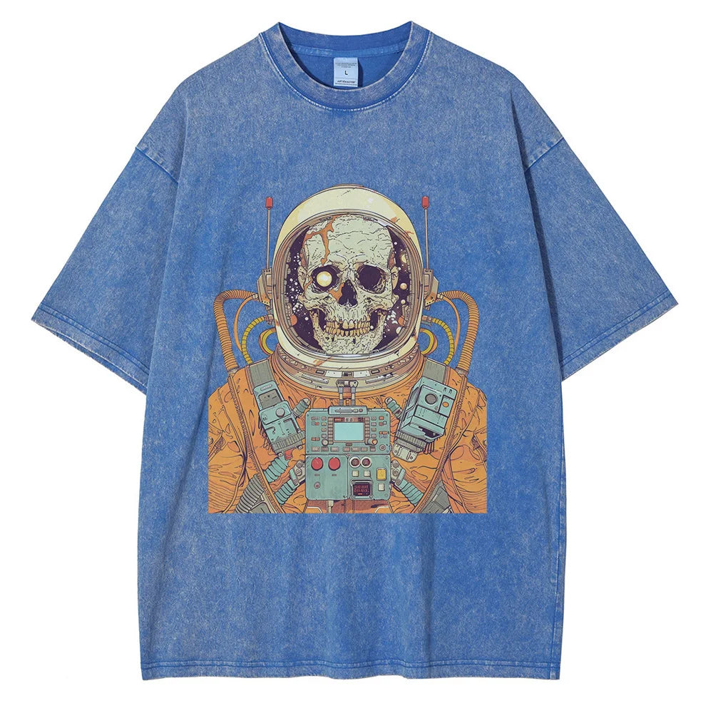 1970s Astronaut Skull Graphic T-shirt Retro Sci-Fi Print Casual Top