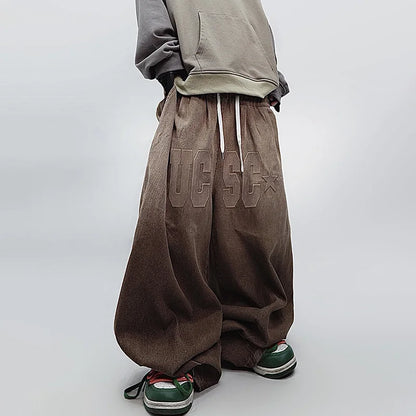 Letter Patchwork Baggy Gradient Color Jeans Men Wide Leg Casual Denim