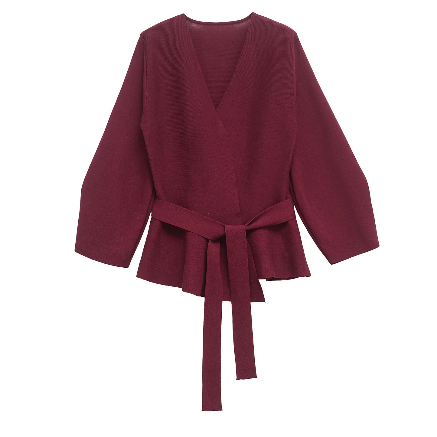 Women's Knit Blazer - Shoulder Pad Belted V-Neck Jacket