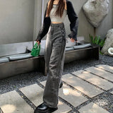 Korean Gothic Denim Trousers Women Y2K Chic High Waist Lace-Up Style