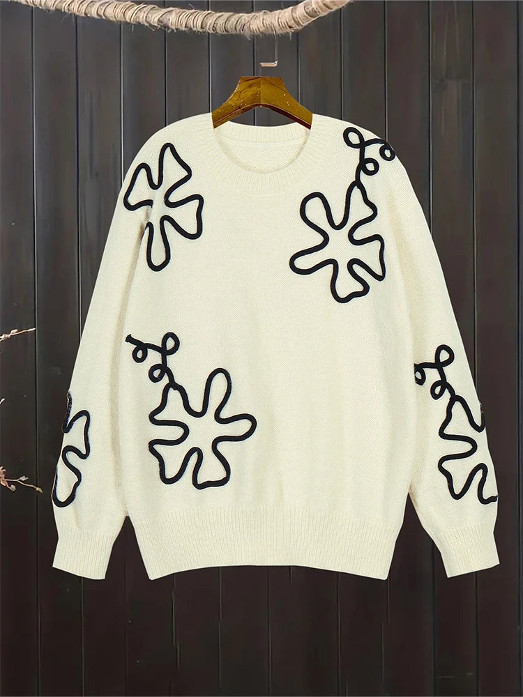 Women's Flower Print Color Block round Neck Casual Sweater Long Sleeve