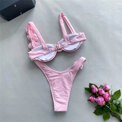 Sexy Flower Shiny Pink Push Up Bikini 2024 Women Swimwear Underwired Swimsuit