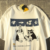 Harajuku Streetwear Japanisches Kanji Lustiges Katzen bedrucktes T-Shirt