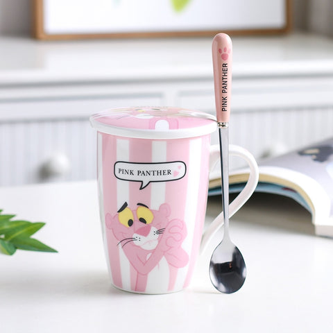 Ceramic Pink Panther Coffee Mug With Spoon Lids Cute Cartoon