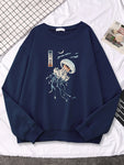 Ukiyo-E Jellyfish Print Fleece Women Hoodie Oversize Fashion
