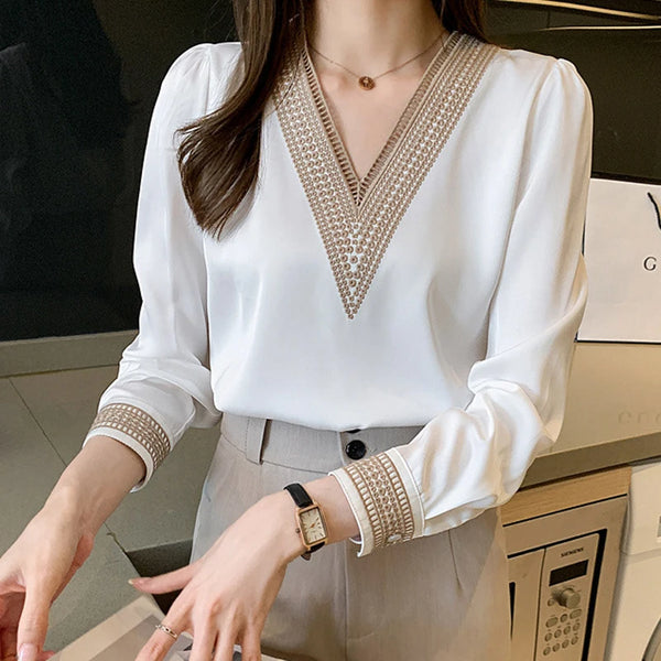 Womens White Chiffon Blouse V Neck Long Sleeve Work Casual Top
