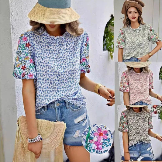 Floral Women's Blouses Summer Fashion Loose Folds O Neck Short Sleeve