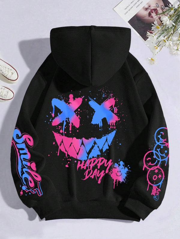 Graffiti Print Hoodie Oversized Crewneck Street Hip Hop Vintage