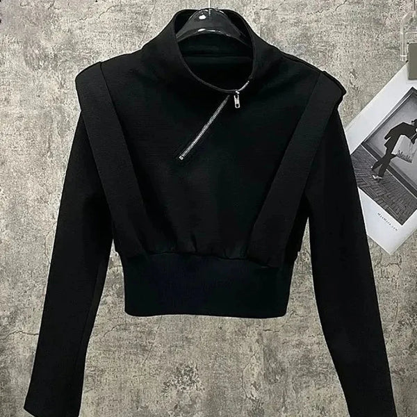 Womens Asymmetric Zip Hoodie Oversized Crop Streetwear Pullover Top