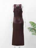 Elegant Solid Satin Fit Maxi Dresses Fashion O Neck Sleeveless