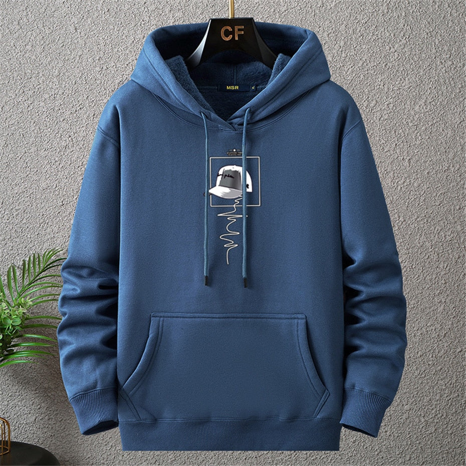 Autumn Winter Thick Fleece Hoodie Men Print Hooded Pullover Big Size Loose Hoodies Blue - xinnzy