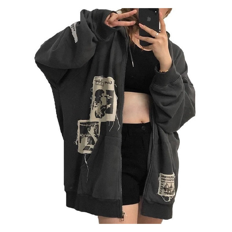 Hoodie Grunge Aesthetic Clothes Oversized Sweatshirt with Zipper Vintage