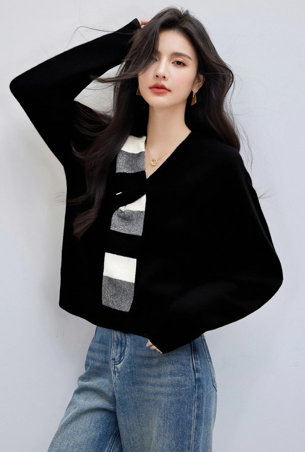 Womens Scarf Neck Sweater Contrast Color Relaxed Fit Winter Top