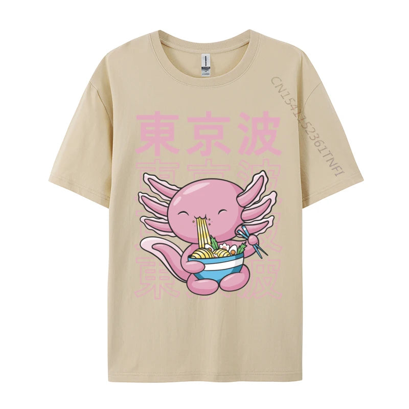 Kawaii Axolotl Eating Ramen Noodles T Shirt Autumn Hip hop