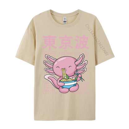Kawaii Axolotl Eating Ramen Noodles T Shirt Autumn Hip hop