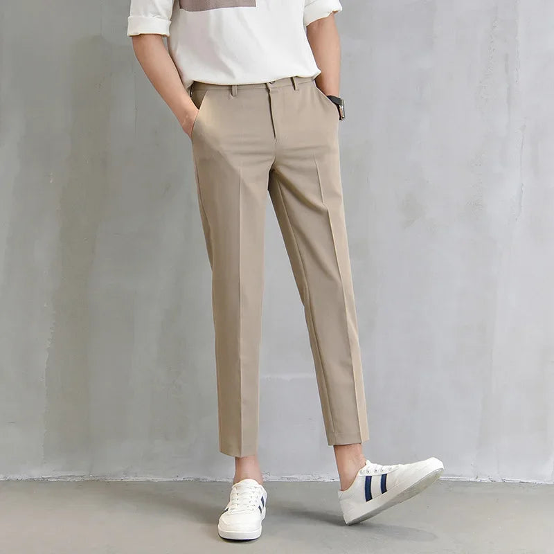 Men's European Style Cropped Pants Slim Fit Korean Straight Trousers