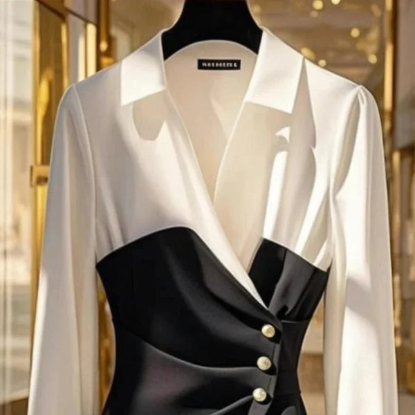 French Chic Black White Layered Blouse Business Casual Work Top