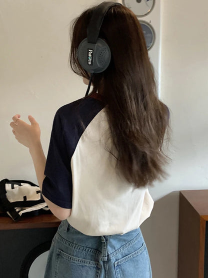 Summer Tops Women Tshirt Collar Short Sleeve Beige Blue Chic Y2k Fashion