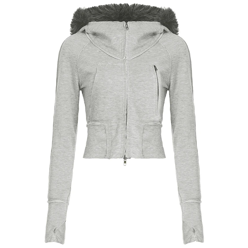 Vintage Contrast Faux Fur Double Zip Hoodie Women