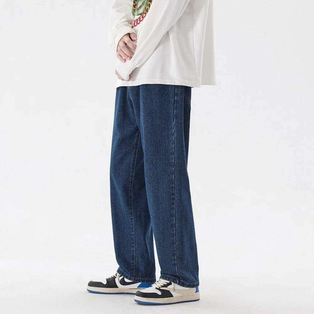 Men's Korean Casual Ankle Length Jeans Solid Wide-Leg Denim Pants