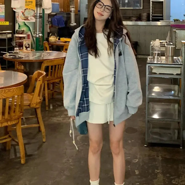 Oversized Brown Zip Up Hoodie Women Lattice Stitching Fall Jacket