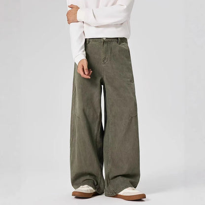 Mens Deconstructed Vintage Jeans Wide Leg Straight Fit Drape Style