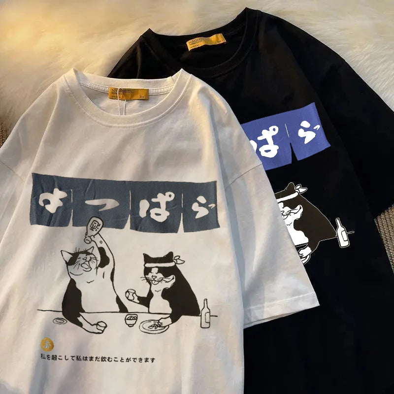 Harajuku Streetwear Japanese Kanji Funny Cat Printed T Shirt