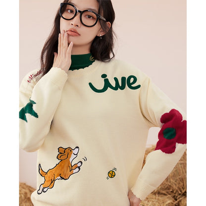 Sweaters Long Sleeves Petal Collar Loose Knitted Pullover Puppy Embroidery Warm Casual Chic Tops - xinnzy