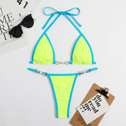 Women Piece Colorblock Chain Swimsuit Tie Halter Neck Micro Bikini Set String Suit