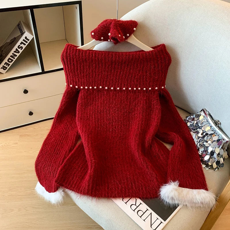 Women’s Vintage Red Off-Shoulder Christmas Sweater – Beaded Knitted Winter Pullover