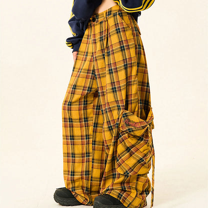 American Red Retro Checkered Wide Leg Pants Women Y2K Korean Style
