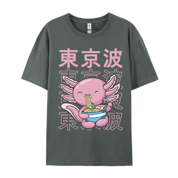Kawaii Axolotl Eating Ramen Noodles T Shirt Autumn Hip hop