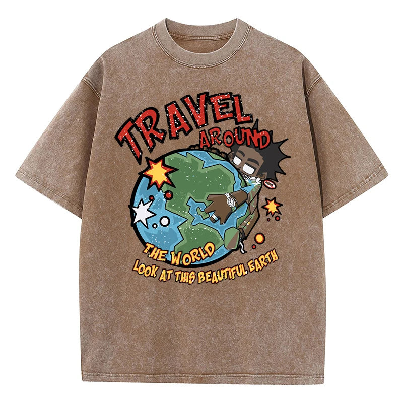 Summer World Tour T-shirt Men's Water Wash Vintage Casual Fashion Top