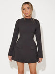 Long Sleeve Slim A-Line Mini Dress High Waist Pockets Party Wear