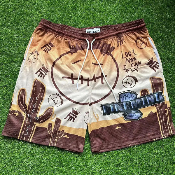 Graffiti Wasteland Mesh Shorts Men American Style Quick Dry Loose Fit