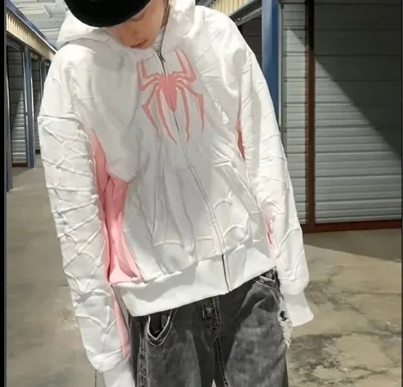 Grunge Y2K Spider Web Hoodie Women Harajuku Punk Zip Sweatshirt