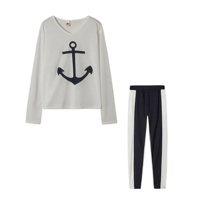 Womens Top Beautiful Ship Anchor Long-Sleeve V-Neck Fashion Casual Suit Trend