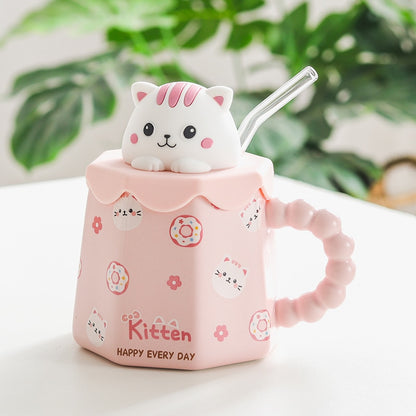 Cartoon Ceramic Mug With Lid and Spoon Creative