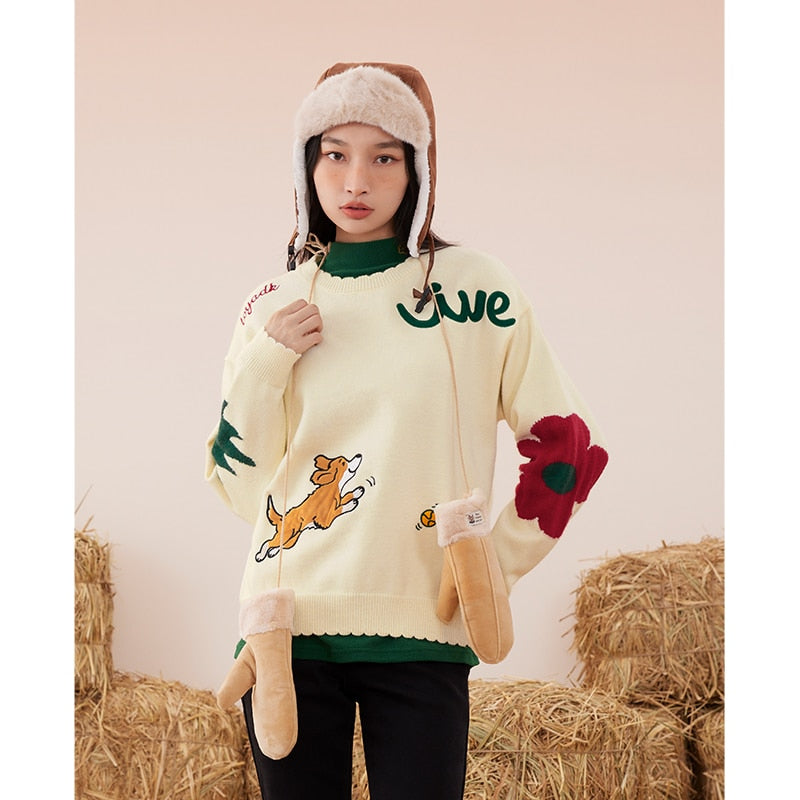 Sweaters Long Sleeves Petal Collar Loose Knitted Pullover Puppy Embroidery Warm Casual Chic Tops - xinnzy