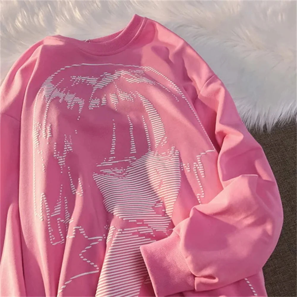 American Style Anime Cartoon Girl Dark Print Loose Round Neck Sweater