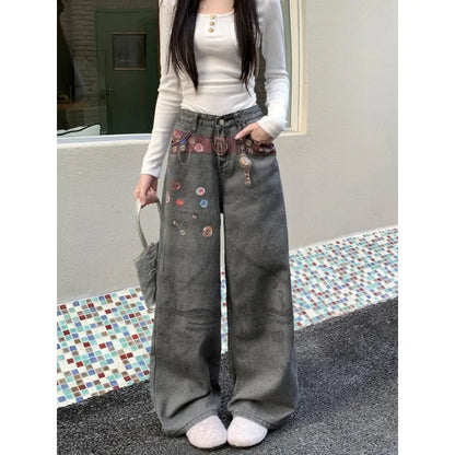 Women's Y2K Wide Leg Applique Denim Jeans