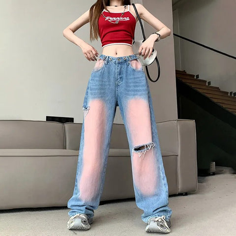 Y2K-Jeanshose mit hoher Taille: Amerikanischer Streetstyle in rosa Patchwork