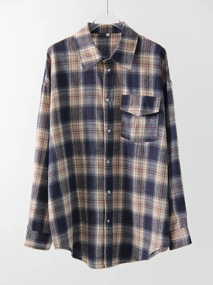 Vintage Oversized Plaid Shirt Women Casual Blouse